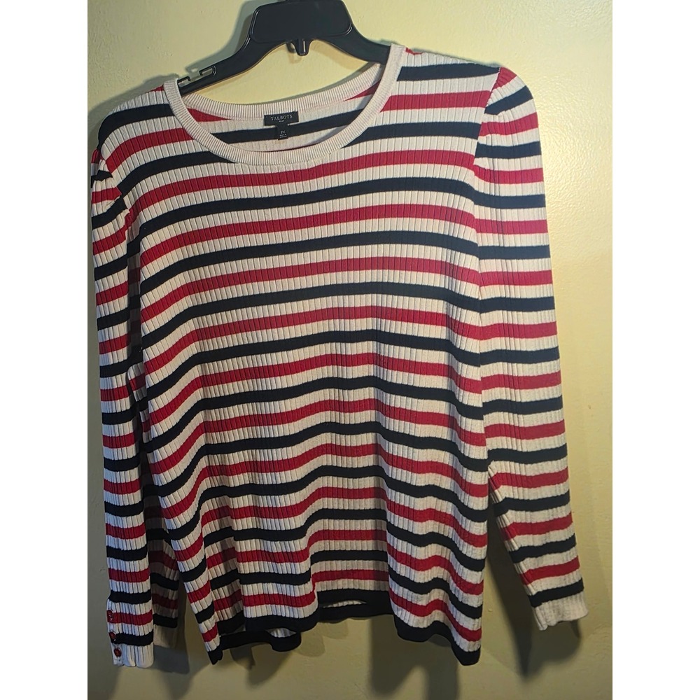 Talbots Striped Knit Sweater Navy Blue Red White Ribbed Crew Neck Women 2x